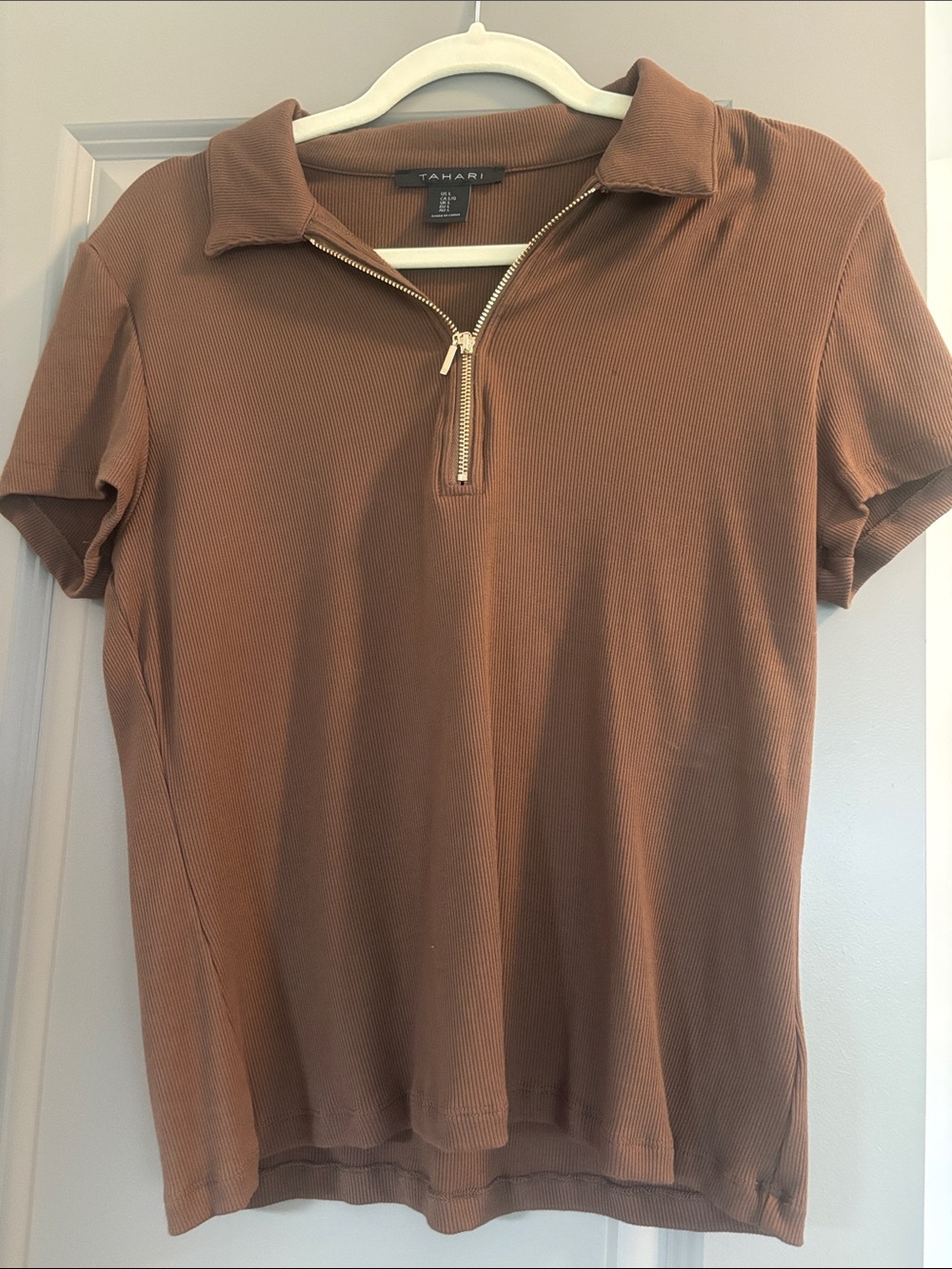 Tahari Short Sleeve Ribbed Zip Polo